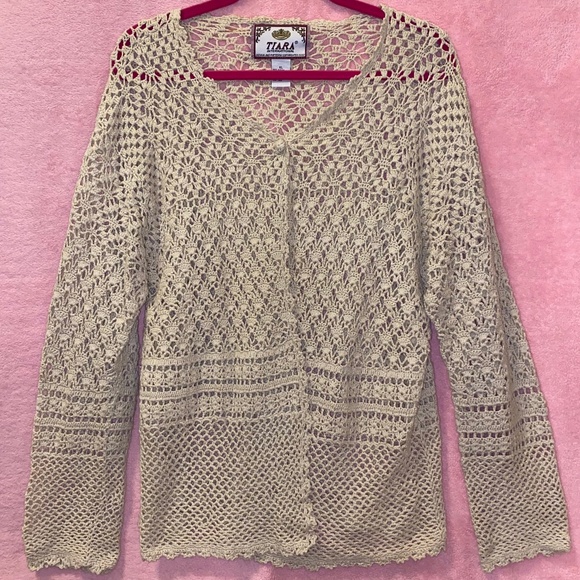 Tiara Sweaters - Vintage 90s Tiara Crochet Cardigan Longsleeve Nautical Beige Cream Taupe XL Fest